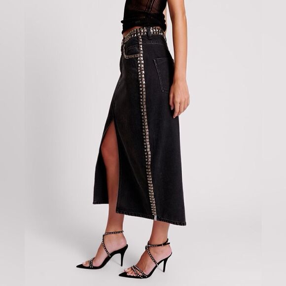 One Teaspoon BLACK OAK STUDDED ROCKO LONG LENGTH DENIM SKIRT/ size 27 - Picture 2 of 8